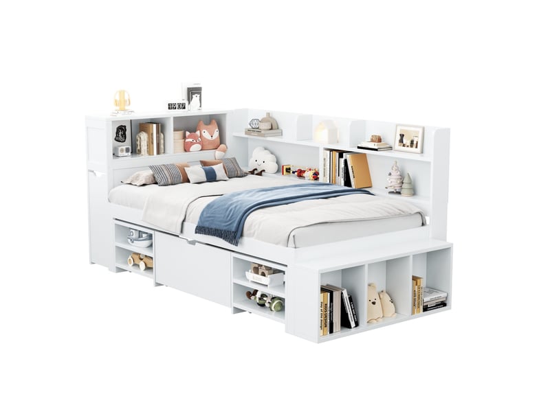  Lit enfant 90x190 cm avec tiroirs et étagères, sommier à lattes, blanc  - Conforama A