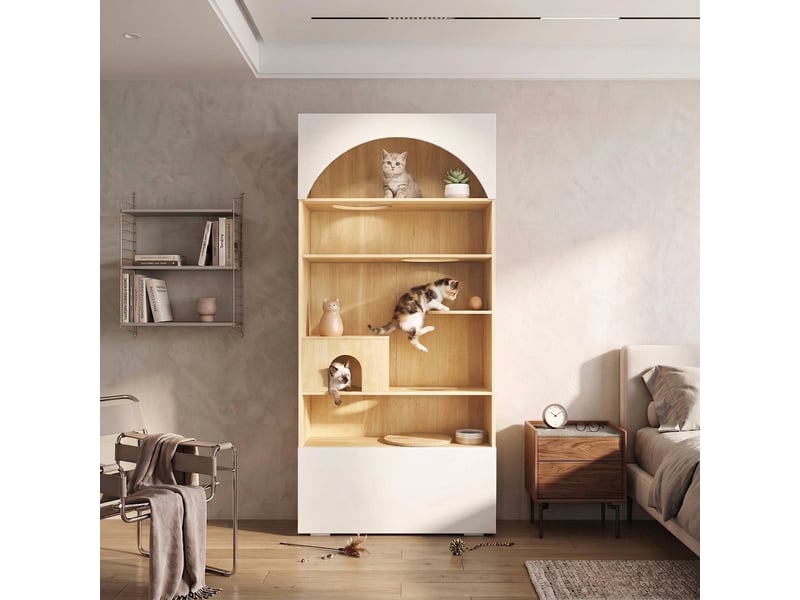  Armoire penderie avec espace chat 270x50x200 cm, meuble vestiaire multifonction blanc et bois  - Conforama C
