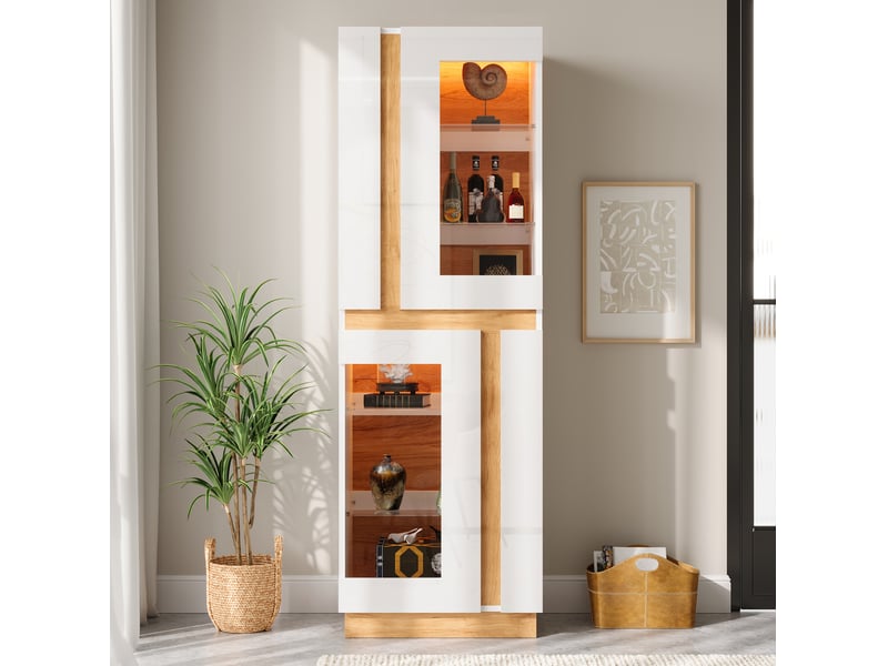 Vitrine 60x40x180 cm blanche et naturelle avec led, 2 portes vitrées - Conforama E