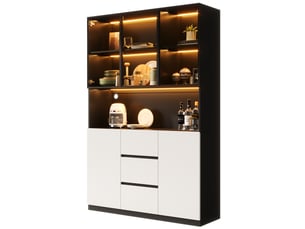 Vitrine en verre avec led, meuble vitrine 120x40x200 cm en mdf blanc et noir avec étagères, tiroirs et portes pour salon et salle à manger.