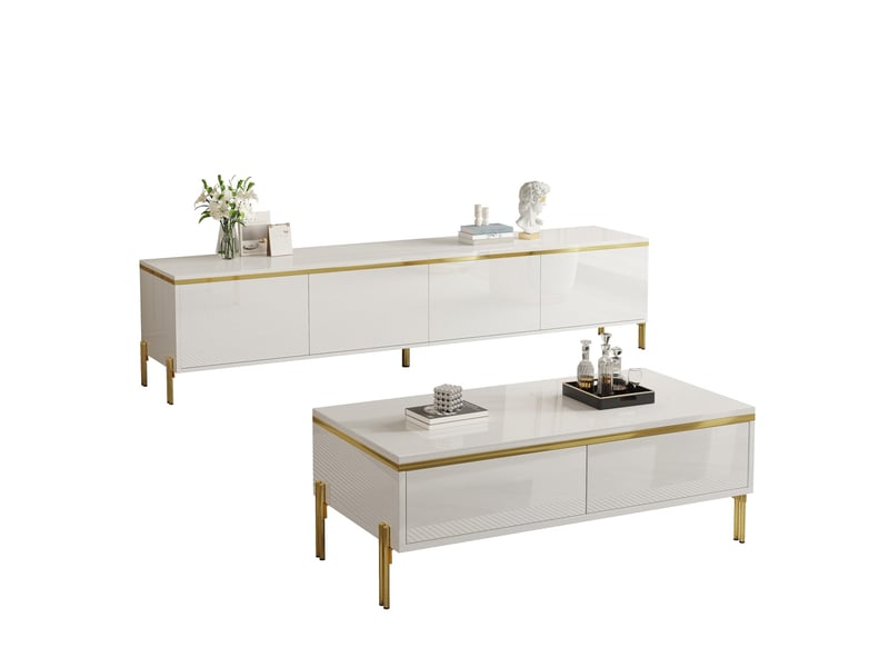  Ensemble meuble tv 170 cm et table basse avec rangements, blanc brillant et doré  - Conforama A