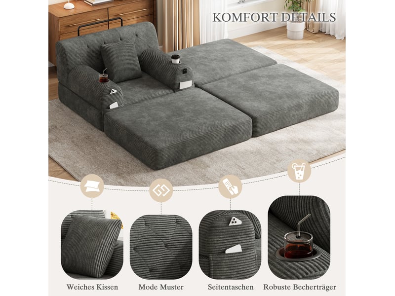  Fauteuil 1 place avec pouf en velours côtelé gris foncé, 107x162x81 cm  - Conforama W
