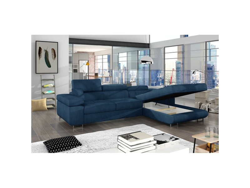 Canapé d'angle convertible amanda bleu foncé en tissu tramé fin avec coffre - Conforama B