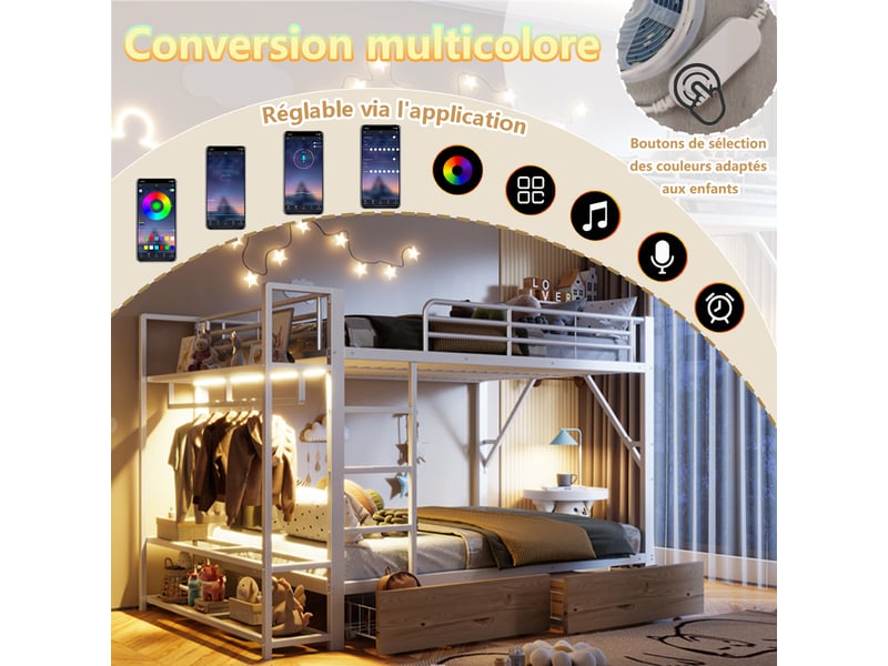  Lit superpose 140x200 cm avec bande lumineuse led et 2 tiroirs, lit enfant avec tringle à vêtements, lit 2 personnes en blanc  - Conforama D