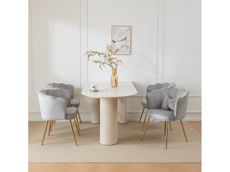  Lot de 4 chaises rembourrées à dossier pétale avec coussins et pieds métalliques dorés en velours gris  - Conforama C