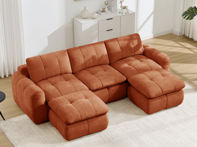  Canapé d'angle modulable 3 places en tissu chenille, forme u avec 2 poufs, orange  - Conforama B