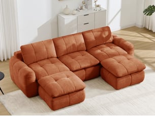 Canapé d'angle modulable 3 places en tissu chenille, forme u avec 2 poufs, orange