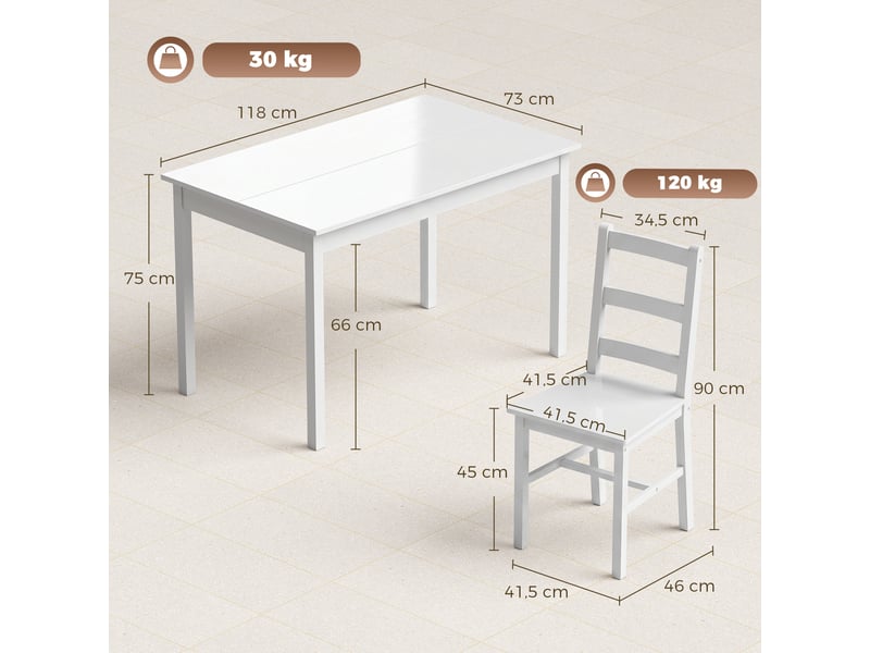  Ensemble de salle à manger 5 pièces pour 4 personnes, table rectangulaire et chaises en bois massif, idéal pour les petits espaces, blanc.  - Conforama E