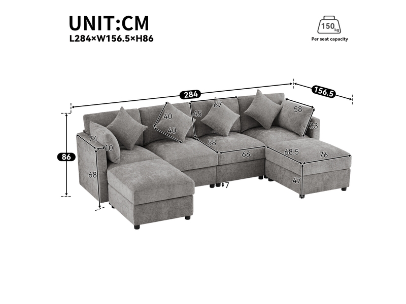 Canapé modulaire en chenille gris avec 2 poufs, accoudoirs réglables et 6 coussins - Conforama E