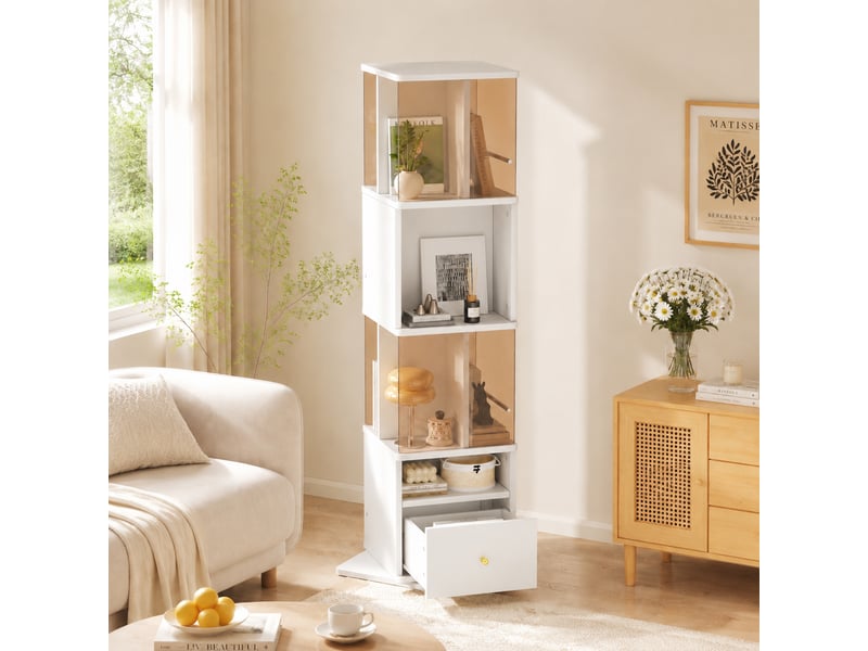 Vitrine pivotante 50x50x160cm blanc et marron - meuble d'exposition 360° en verre trempé avec tiroir et étagères - Conforama E