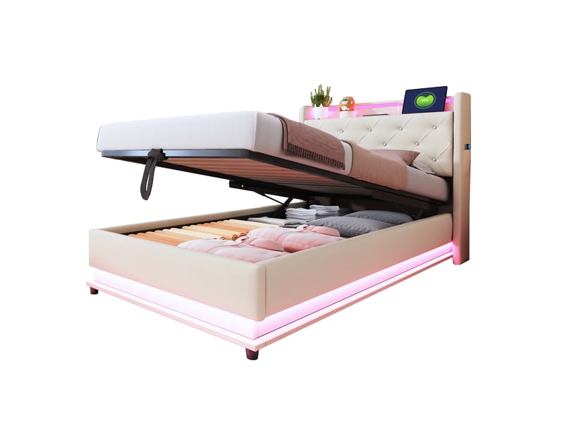  Lit enfant 90x200 cm en tissu beige, led multicolore, usb, tête de lit rabattable et coffre hydraulique  - Conforama E