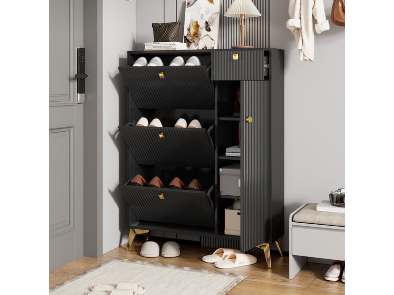  Meuble à chaussures 90x25x121 cm avec 4 portes et 1 tiroir, étagères, meuble d'entrée, pieds en métal, aggloméré et mdf, noir  - Conforama W