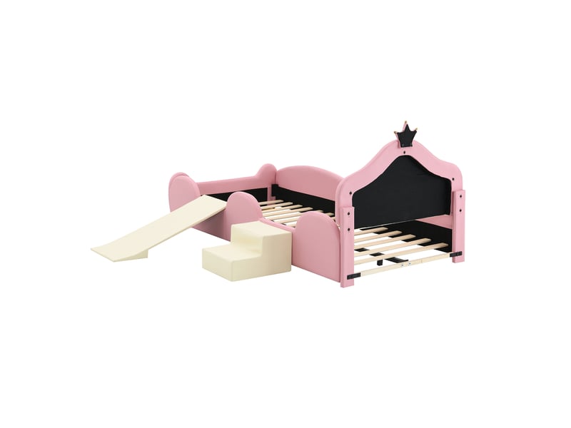  Lit capitonné, lit crown cartoon, avec bandes led multi-modes, lit enfant avec petit toboggan et escalier, bords de protection doux, sommier à lattes en bois, pu, rose et beige, 90 x 200 cm  - Conforama E