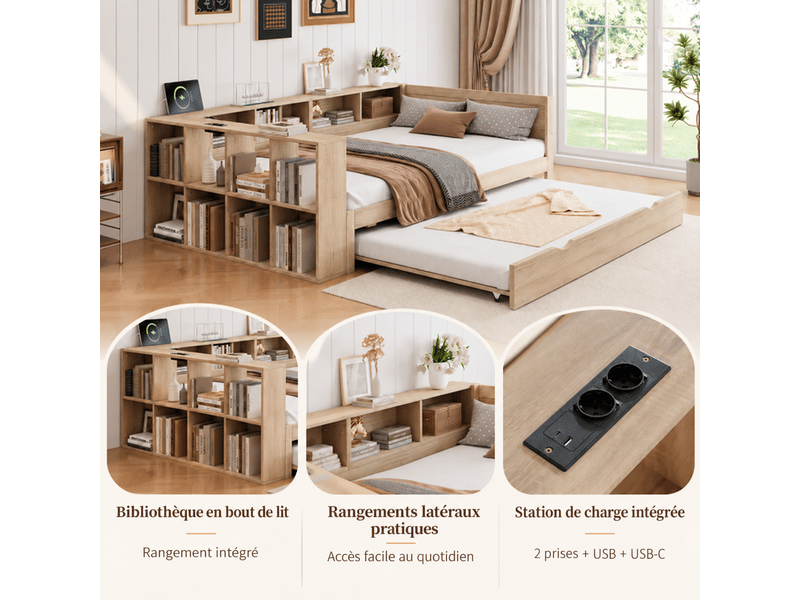 Lit gigogne 120 x 200 cm avec couchage 90 x 190 cm, rangements intégrés, station de charge et structure réversible, bois massif et mdf - naturel OMNIGLINT TRADING LTD - Conforama E