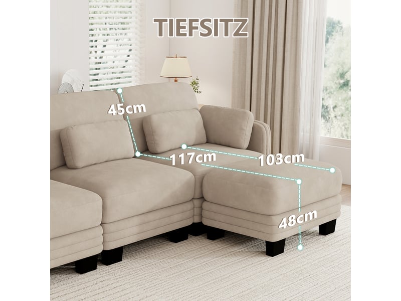  Canapé d'angle modulable - 4 places - forme l - 1 ottoman - coussins d'accoudoirs - tissu chenille - mobilier de salon - brun clair CozyNest - Conforama E