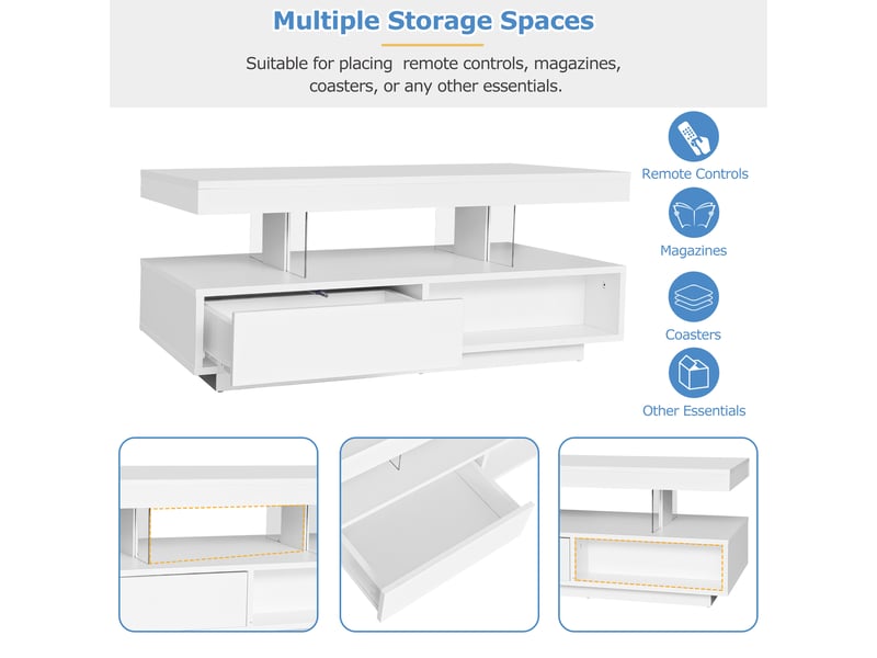  Table basse, avec éclairage led, avec 2 tiroirs, 95 x 50 x h 42,5 cm, blanc, plateau en verre trempé, structure en panneau de particules, pour salon Luxe haut de gamme - Conforama E
