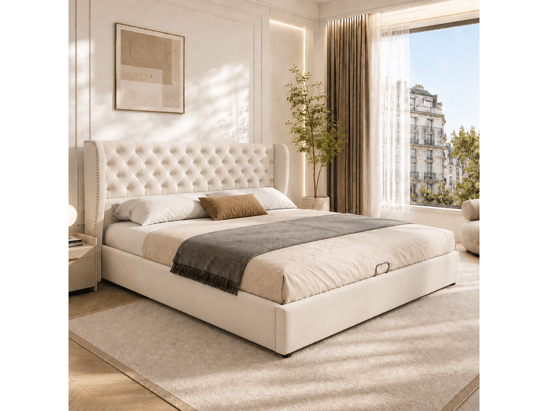  Lit coffre rembourré 160 x 200 cm en velours beige, tête de lit à oreilles capitonnée, sommier à lattes 3068034AAC - Conforama D
