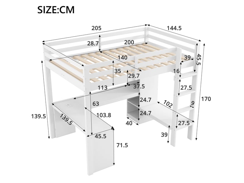  Lit mezzanine 140x200, bureau, rangements, led bluetooth usb, pin et mdf blanc sans matelas  - Conforama C