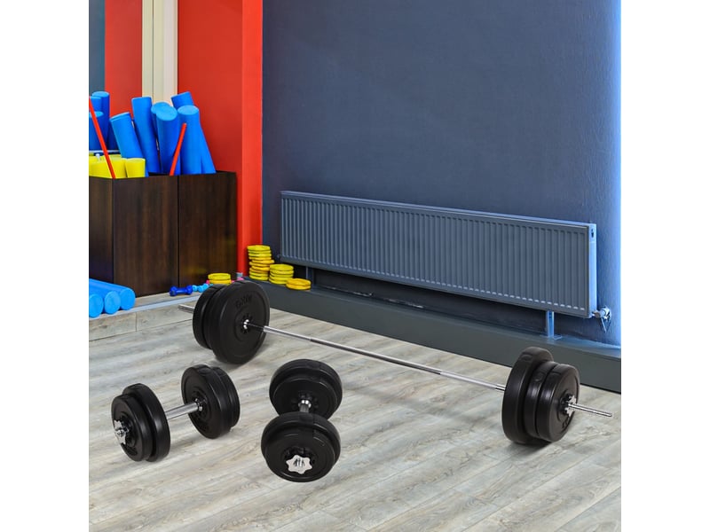  Kit musculation 55 kg, haltères + barre, poids ajustables 2 en 1, disques, barre 170 cm, domicilesalle, noir.  - Conforama D