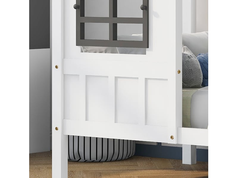 Lit cabane enfant 90x200 cm – blanc – 2 fenêtres grises et 2 tiroirs à roulettes - sans matelas - Conforama E