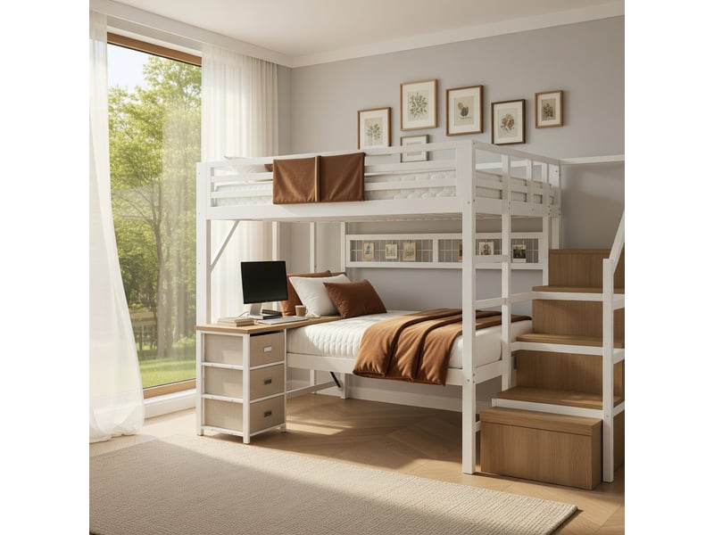  Lit mezzanine 140 x 200 cm, équipé d'un bureau, de tiroirs, de casiers de rangement et d'une armoire, éclairage led, blanc  - Conforama B