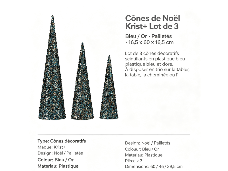  Cônes de noël krist+ bleu or pailletés lot de 3 S3612041 - Conforama E