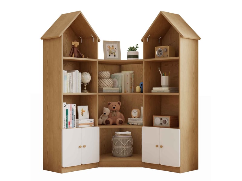  Armoire d'angle enfant 104x25x148 cm, forme maison, 4 niveaux, portes, panneauxde particules, blanc et naturel  - Conforama A