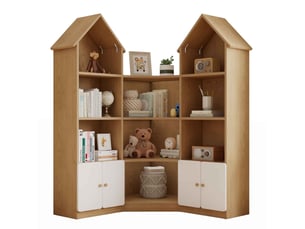 Armoire d'angle enfant 104x25x148 cm, forme maison, 4 niveaux, portes, panneauxde particules, blanc et naturel