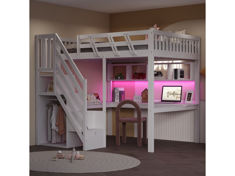  Lit enfant massif 140x200cm blanc avec escalier rangement bureau usb led cadre haut  - Conforama E