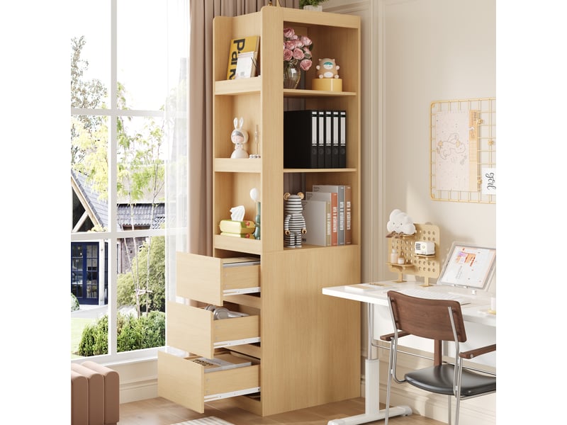  Bibliothèque haute 60x40x200 cm avec 3 niches ouvertes, 3 tiroirs, effet chêne evarich - Conforama B