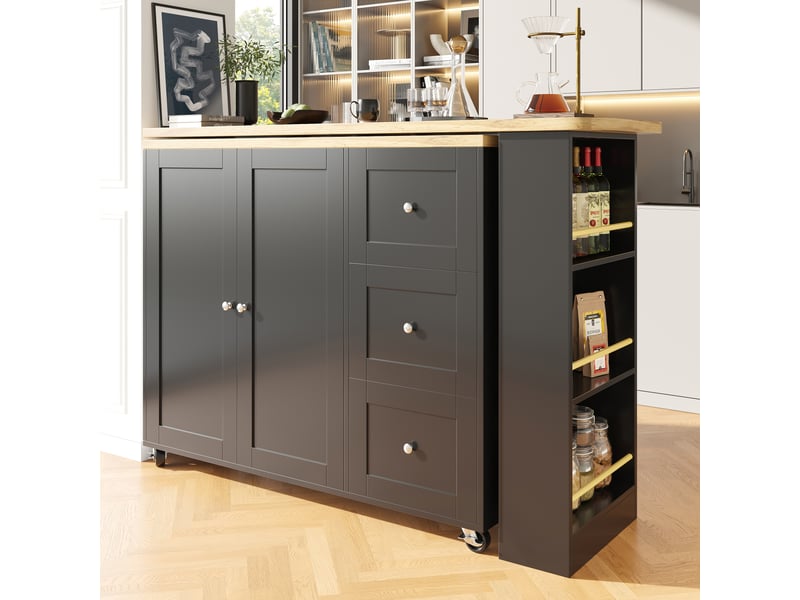  Îlot de cuisine noir table de bar pivotante à 360° (135-203x39x106 cm) avec rangement, roulettes et étagère à snacks  - Conforama R