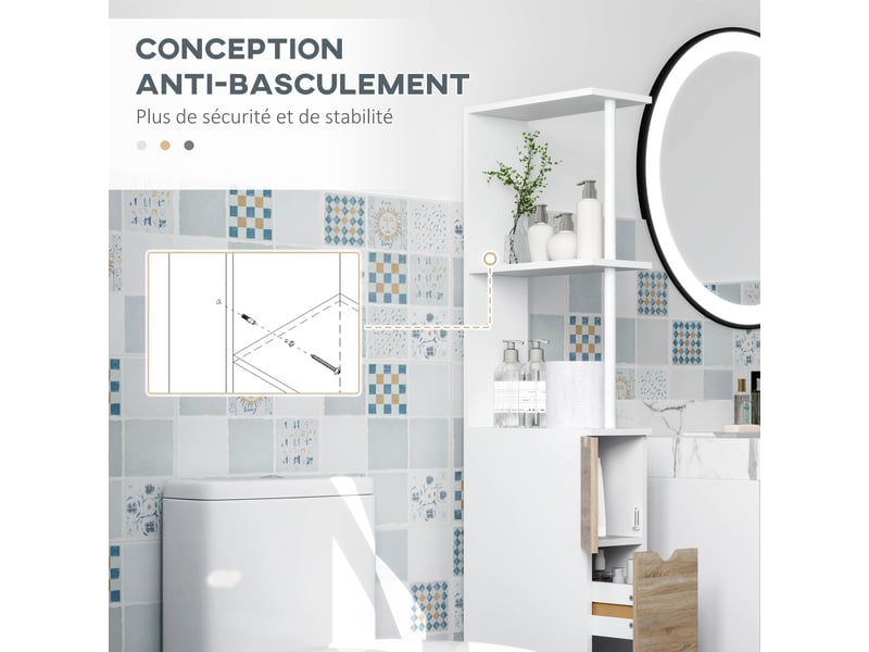 Meuble colonne salle de bain armoire de salle de bain avec tiroirs étagères placard ouvertes 15 x 33 x 136,8 cm blanc - Conforama R
