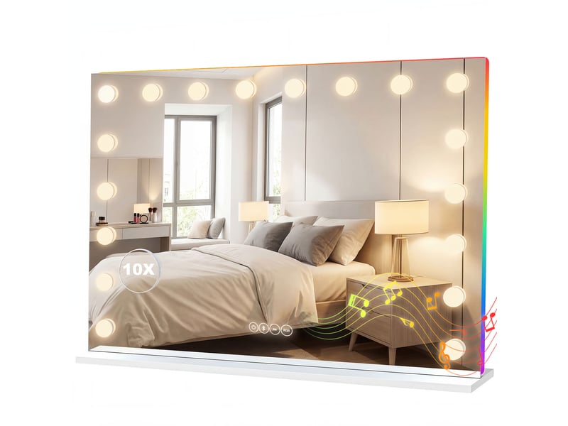  Miroir de maquillage hollywoodien avec 18 led à intensité variable, 3 couleurs, éclairage rgb, haut-parleur bluetooth, grossissement x10, blanc  - Conforama B