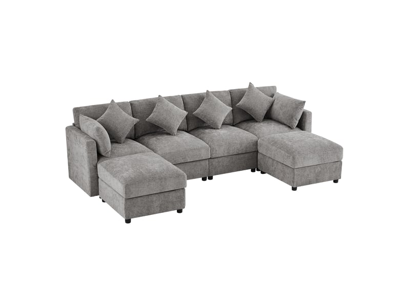 Canapé d'angle droit modulable en chenille avec accoudoirs réglables et 2 poufs, gris - Conforama A