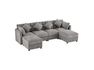 Canapé d'angle droit modulable en chenille avec accoudoirs réglables et 2 poufs, gris