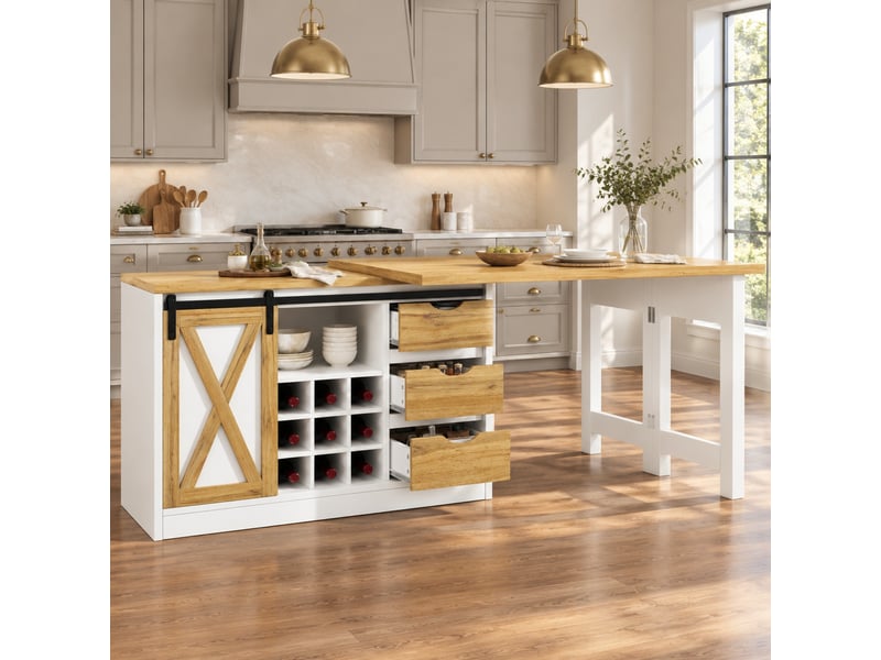 Desserte de cuisine extensible avec 3 tiroirs, porte coulissante et range-bouteilles, blanche, 120 × 40 × 72 cm - Conforama B