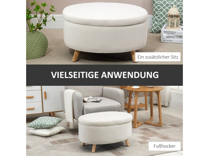  Banc coffre ovale beige effet velours avec couvercle, pieds en bois, 71x51,5x42 cm, rangement  - Conforama B