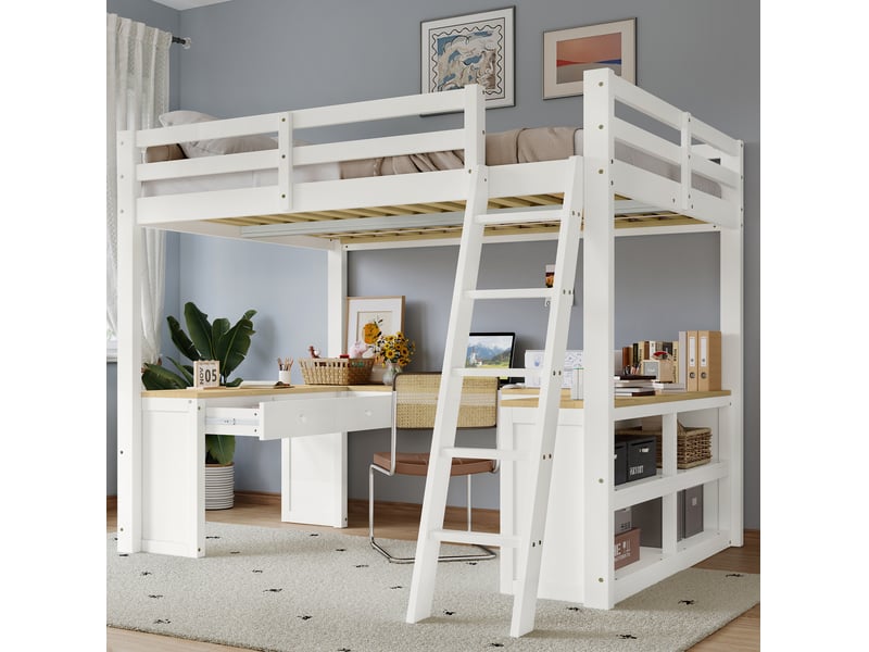  Lit mezzanine enfant 140 x 200 cm blanc + naturel avec bureau en u, 2 tiroirs et étagère  - Conforama B