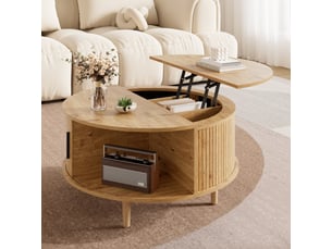 Table basse ronde relevable avec rangement compartimenté, table de salon avec porte coulissante et lattes verticales, pieds pin massif, mdf, naturel