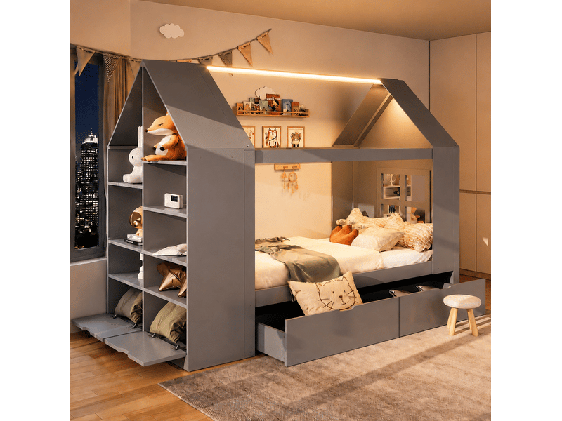  Lit cabane enfant 90x200 cm avec 2 tiroirs,coloris gris, sans matelas  - Conforama B