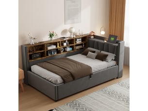 Canapé-lit rembourré 90x200 cm avec usb + type-c, lit simple avec veilleuse, lit coffre, tête de lit capitonnée, velours, gris foncé