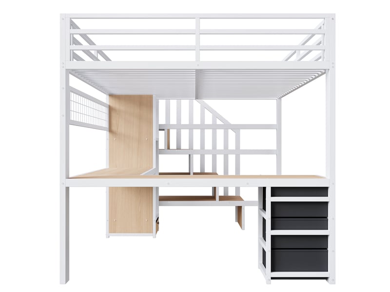 Lit mezzanine métal blanc 140x200 cm avec bureau led tiroirs rangement escalier - Conforama E