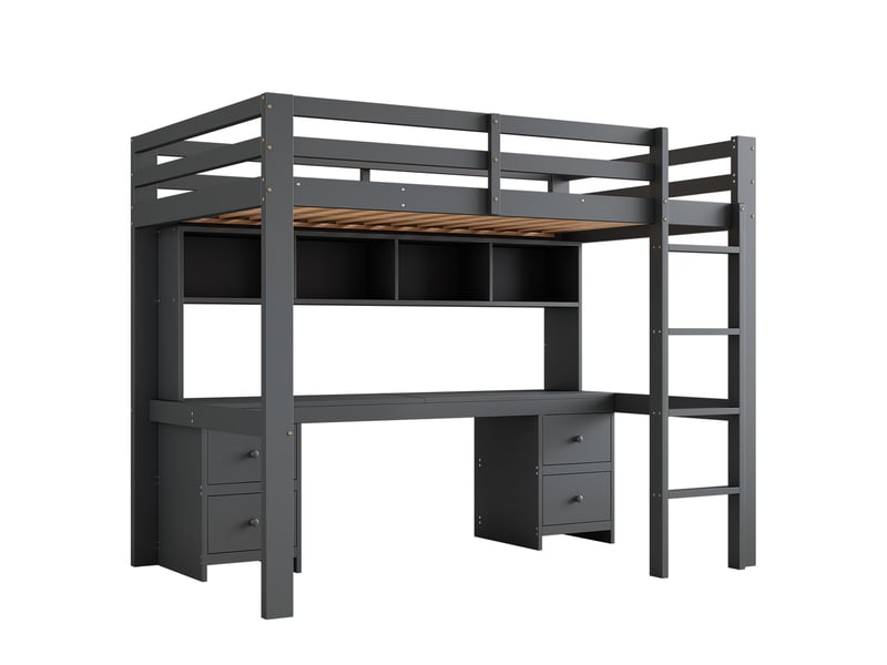  Lit mezzanine enfant gris 90x200 cm avec bureau et rangements intégrés, barrière haute et échelle stable  - Conforama A