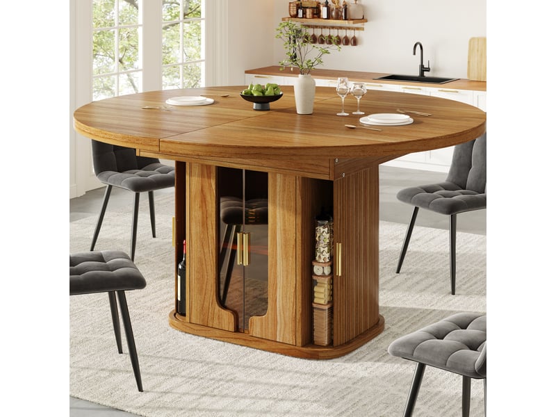 Table de salle à manger extensible pour 6 personnes avec rangement et portes vitrées en mdf noyer 118 × 118 × 77 cm - Conforama E