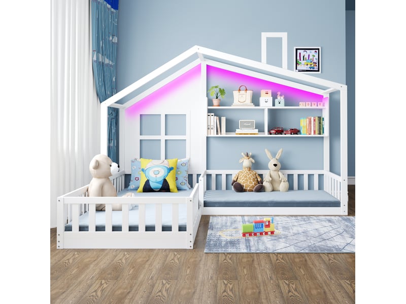  Lit enfant cabane 90 x 200 cm avec couchage 140 x 70 cm, rangements et led, blanc  - Conforama D