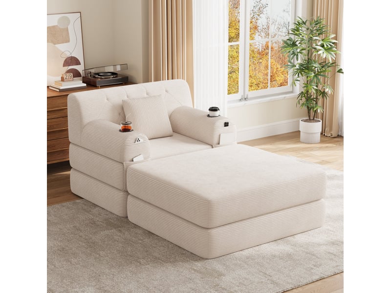 Fauteuil-lit modenvie 1 place convertible en velours côtelé beige 107 x 162 x 81 cm  - Conforama D