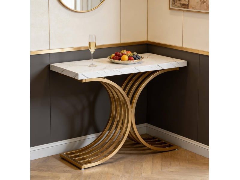  Table console 100 x 30 x 80 cm, plateau effet marbre et structure métal doré  - Conforama E