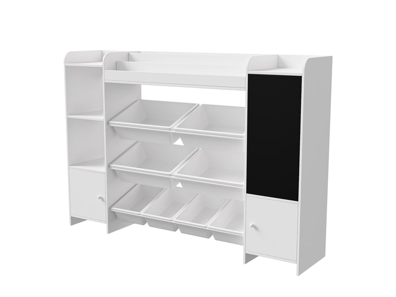  Bibliothèque enfant - 137 x 30 x 94,5 cm - blanc - meuble de rangement multifonction avec bacs plastiques et tableau noir  - Conforama E