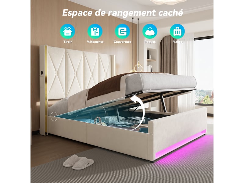  Lit coffre en velours 160 x 200 cm, tête haute capitonnée, relevage hydraulique, usb et type-c, led, beige  - Conforama E