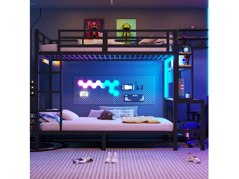  Lit superposé 90x200 cm, noir, mdf et métal, équipé de usb, led, bureau et rangements, sans matelas  - Conforama D